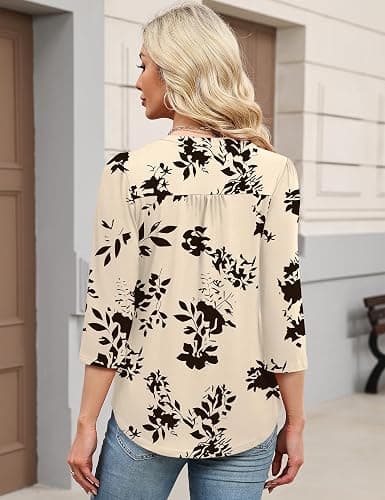 IECCP 3/4 Length Sleeve Womens Tops Dressy Casual Henley V-Neck Summer Tops Pleated T-Shirts Loose Fit Work Blouses thumbnail 5