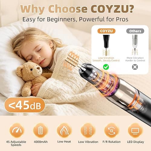 COYZU Professional Electric Nail Drill Rechargeable Nail File | for Acrylic & Gel, High Speed 45000RPM, Cordless, Portable Gel Polish Removal E file, Beginner Friendly, for Beauty Lovers thumbnail 4