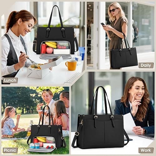 Lunch Tote Bag for Women 15.6 Inch Laptop Bag with Insulated Lunch Compartment Leather Quilted Computer Tote for Teacher Work thumbnail 2
