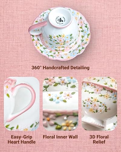 Moqidadii Exquisite Bone China Tea Cups and Saucer Set – Elegant Porcelain Tea Cups, Beautifully Detailed for Tea Lovers, Gift-Ready for Christmas, Hostess, Holiday Gift & Fall Decor thumbnail 6