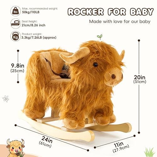 Baby Rocking Horse,Highlander Cattle Wooden Rocking Horse for Toddlers 1 Year Old Cute Cow Stuffed Plush Ride-on Toy Rocking Animal for Baby Boys and Girls Nursery/Child Christmas or Birthday Gift thumbnail 3