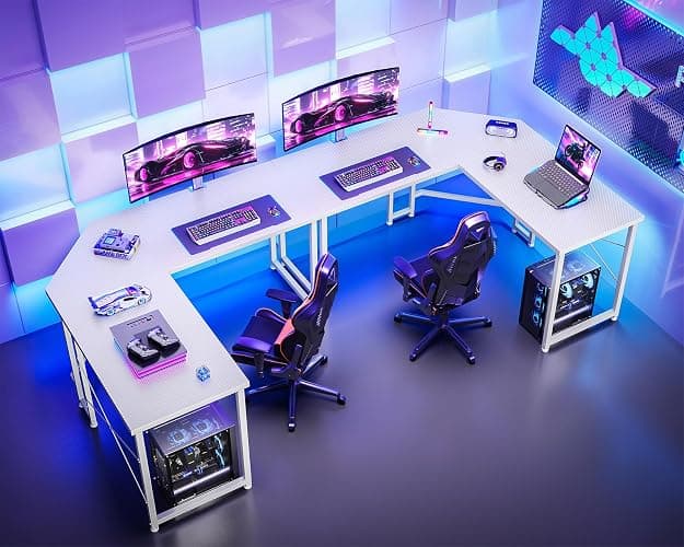 Casaottima 51 Inch L Shaped Gaming Desk, Compact Corner Computer Table, Stable Writing Workstation for Small Spaces, Home Office & Streaming Setup, Easy Assembly, Carbon Fiber Surface, White thumbnail 5