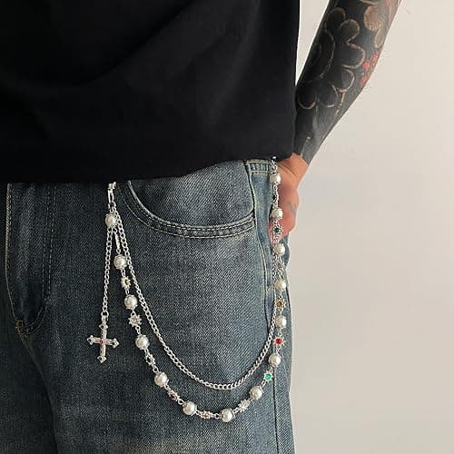 Fashion Layered Pants Wallet Chains - Exquisite Gold Silver Rhinestone Flower Pearl Jean Pocket Chain for Women Men Cute Bag Purse Charms Jewelry thumbnail 4
