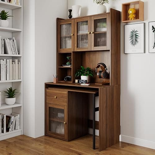 LUMISOL L Shaped Computer Desk with 90 Degree Rotating Desktop, Home Office Desk with Hutch & Bookshelf, Multi-Functional Woking Table with Storage Drawers for Study Room Office Living Room, Walnut - Image 1