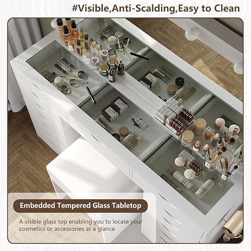 Yanosaku Vanity Desk with Mirror and Lights, Makeup Table with Charging Station, 3 Color Lighting Modes, 15 Drawers Dressing Table, Vanity with Chair for Bedroom, White thumbnail 7