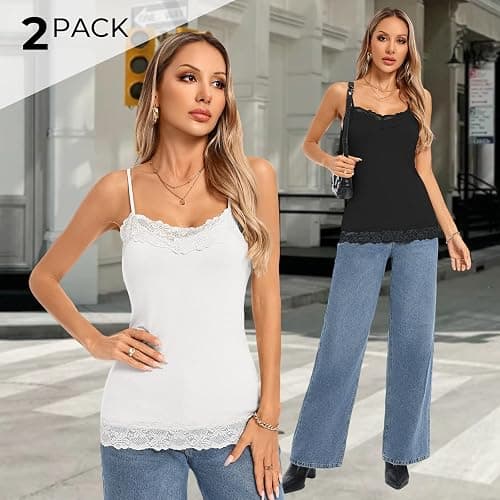 Kate Kasin Women's Adjustable Spaghetti Strap Lace Trim Cami Tunic Tank Top 2PACK thumbnail 2