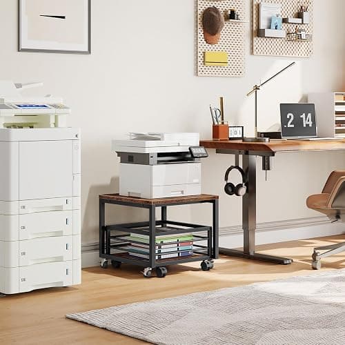 HOOBRO End Table, Mini Fridge Stand with Storage, Mini Fridge Table with Wheels and Adjustable Feet, Sturdy Metal Frame, for Living Room, Bedroom, Office, Rustic Brown and Black BF155TL01 thumbnail 6