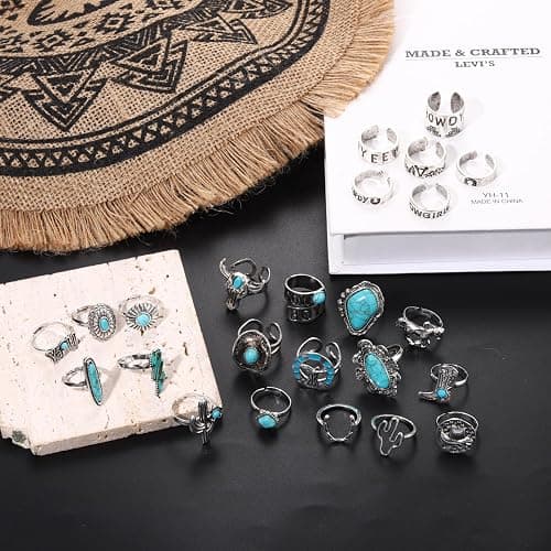 25Pcs Vintage Silver Knuckle Rings Set for Women Men, Western Cowgirl Cowboy Stackable Joint Finger Rings Open Stackable Midi Rings Retro Carved Stone Stacking Midi Adjustable Rings Bohemian Turquoise Boots Cactus Cow Head Rings Pack thumbnail 4