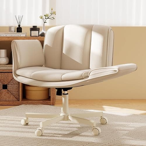 HeroSet Criss Cross Chair with Wheels & Armrests,Comfy Wide Vanity Chair,Scratch-Resistant Pu Leather Cross Legged Desk Chair,Height Adjustable Computer Office Desk Chairs for Home,Makeup,Bedroom - Image 1