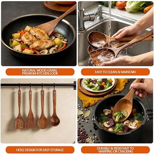 Wooden Spoons for Cooking,10 Pcs Natural Teak Wooden Kitchen Utensils Set Wooden Utensils for Cooking Wooden Cooking Utensils Wooden Spatulas for Cooking (10) thumbnail 4