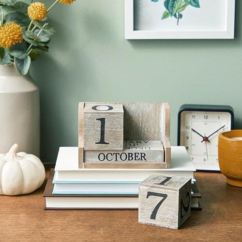 Wooden Perpetual Block Calendar for Desk, Wood Month Date Display Blocks for Teachers, Students, Classroom, Rustic Farmhouse Office Decor, Desk Accessories (5 x 4 In) thumbnail 2
