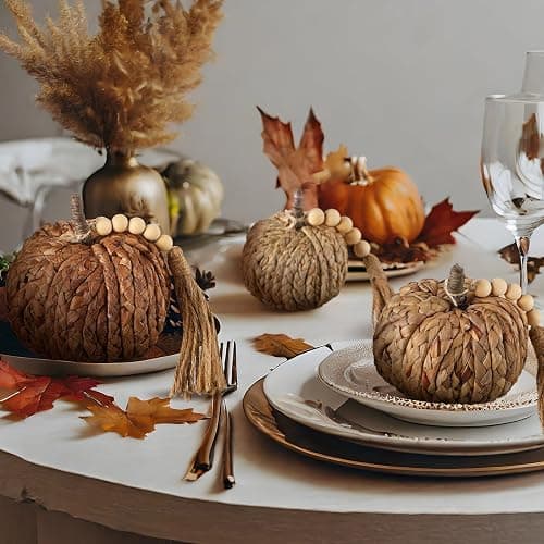 Wesiti 3 Pcs Rattan Pumpkin with Tassel Beads Boho Neutral Fall Thanksgiving Decor Handmade Artificial Woven Pumpkin Table Centerpieces Farmhouse Autumn Decorations for Indoor Mantel Harvest Halloween thumbnail 6