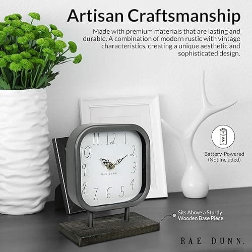 Rae Dunn Desk Clock - Battery Operated Modern Metal Rustic Design with Wooden Base for Bedroom, Office, Kitchen - Small Classic Analog Display - Chic Home Décor for Desktop Table, Countertop thumbnail 6