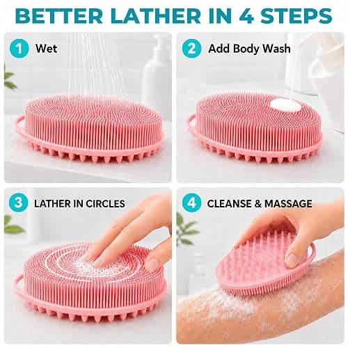 2 Pack Silicone Body Scrubber, Loofah Double-Sided Body Brush,Shower Scrubber and Scalp Massager Shampoo Brush for Sensitive Kids Women Men All Kinds of Skin (Black & Pink) thumbnail 3