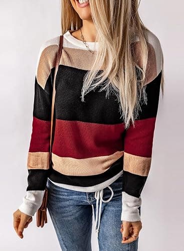 Dokotoo Womens Sweaters Striped Fall Winter Outfits 2025 Crewneck Drawstring Color Block Fashion Clothing thumbnail 2