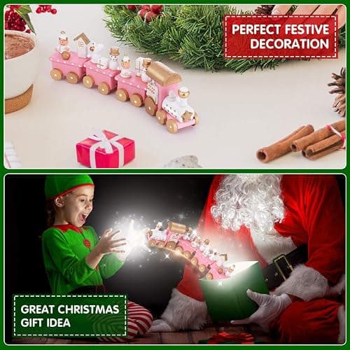 NUOBESTY Winter Wonderland Wooden Mini Train Set for Christmas Party Decorations Under Tree Pink thumbnail 6