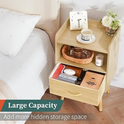 Yoobure Modern Nightstand with Fabric Drawer, Bedside Tables, Mid Century Nightstand with Open Storage Shelf, Wood Bedside Table, Small Night Stands for Bedrooms, 2-Tier Night Table thumbnail 5
