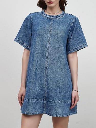 LifeShe Denim Dress for Women Summer Casual Short Sleeve Chambray Mini Jean Dresses with Pockets thumbnail 6