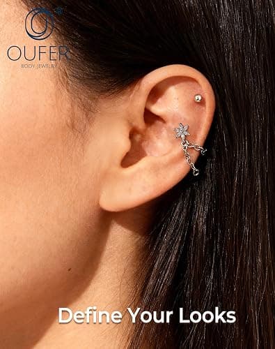 OUFER Flowers Helix Stud Dangly Chains Conch Tragus Piercing Jewellery 16G 6mm Threadless Forward Helix Jewelry Gold Silver Flat Back Cartilage Earrings Stud for Women thumbnail 3
