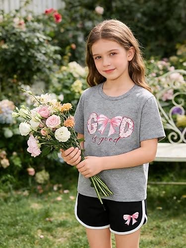 FJLSJSW Girls Clothes 2PCS Outfits Bow Letter t Shirt & Shorts Cute Summer Girls' Clothing Sets Teen Girl Clothes 7-14Y thumbnail 5