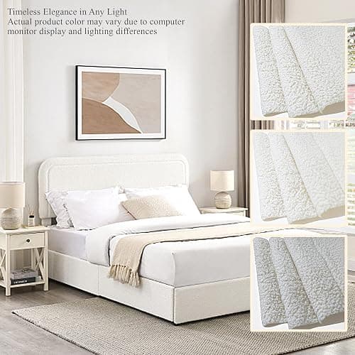 Queen Size Boucle Upholstered Platform Bed Frame, with 4 Drawers Storage, Curved Stitched Tufted Headboard, Wooden Slat Mattress Support, Noise Free, Easy Assembly, No Box Spring Needed, Ivory thumbnail 6
