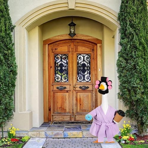Shyyween 23 Inch Porch Goose Summer Outfit Light Purple Goose Bathrobe Statue Clothes Coffee Cup Curlers for Cement Plastic Lawn Geese Outdoor Garden Yard Patio Decoration thumbnail 5