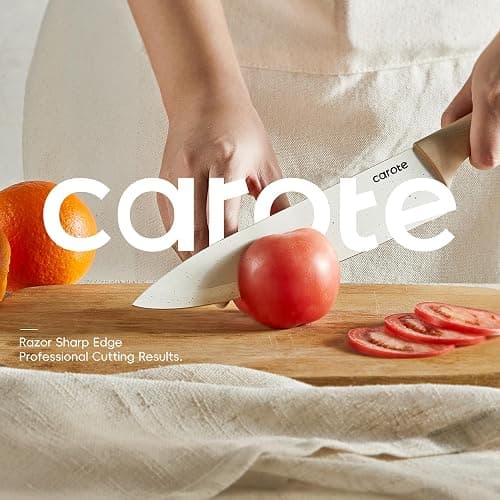 CAROTE 12PCS Knife set with Blade Guards,Granite Nonstick Ceramic Coating,Stainless Steel blade, Wood Grain Handle, Essential knife set,White thumbnail 3