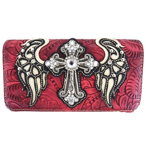 Western Style Rhinestone Cross Studded Laser Cut Wings Tooled Leather Purse Women Handbags Country Shoulder Bag Wallet Set thumbnail 3