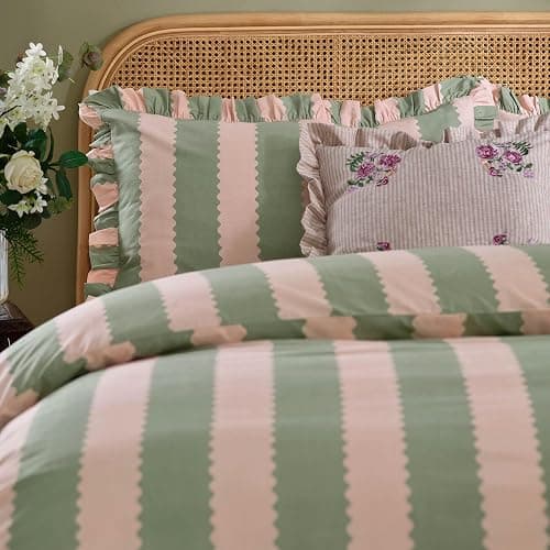 furn. Wylder Birdie Stripe Duvet Cover Set – Reversible Cotton Rich Frilled Cottagecore Stripe Design with Ruffle Trim (Pink/Green - Double) thumbnail 2