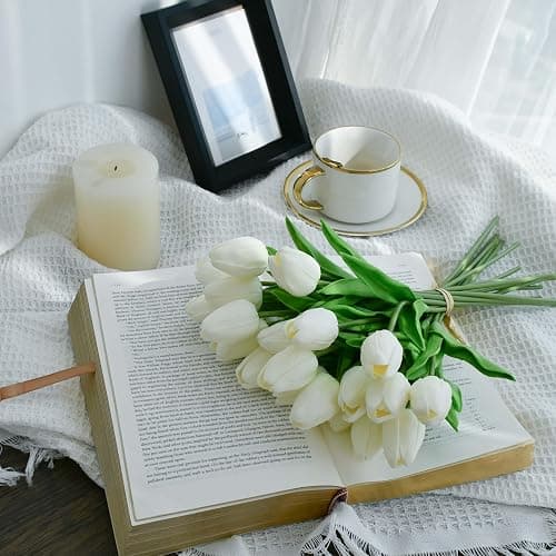 Mandy's Artificial Tulips 20 Stems White PU Faux Flowers for Valentine's Day and Easter Decorations Wedding Home Decor 13.5 Inch thumbnail 2