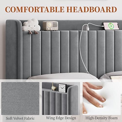 Yaheetech Queen Bed Frame with USB Charging Station and Storage Shelf/Upholstered Headboard Platform Bed with Wing Side/Wooden Slats Support/Noise Free/No Box Spring Needed/Easy Assembly, Light Grey thumbnail 4