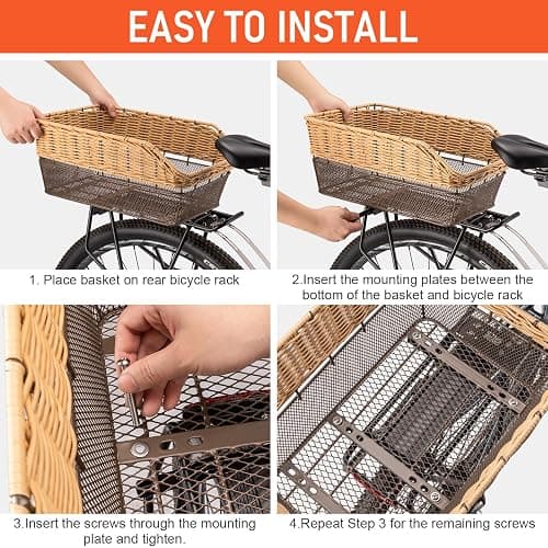CXWXC Rear Bike Basket - Large Bicycle Rear Basket with Cargo Net and Waterproof Cover, Hand-Woven Baskets Rear Large Capacity thumbnail 6