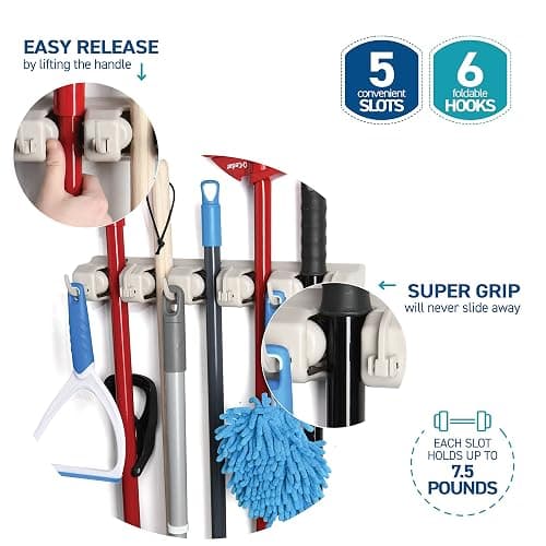 Home-it Mop and Broom Holder Wall Mount Garden Tool Storage Tool Rack Storage & Organization for the Home Plastic Hanger for Closet Garage Organizer (5-position) - 5-position, 6-Hooks - Off-White thumbnail 4