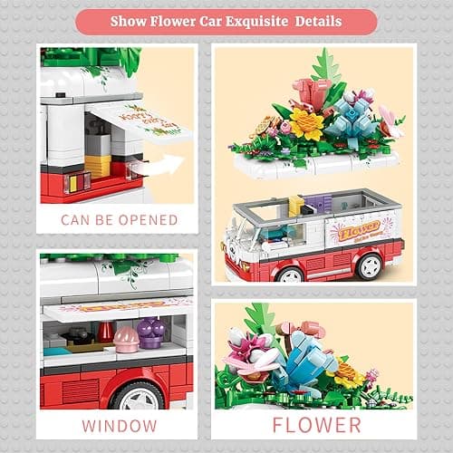VannMold Flower Car Building Block Set, Van Car with Flower Bouquet Basket, Artificial Flowers Building Kit for Home and Office Décor, Birthday Toys for Girl Aged 6-12+, 457 PCS thumbnail 5