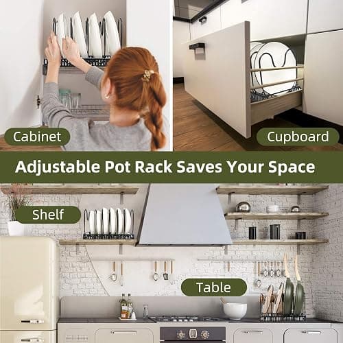 ROOHUA Pot Rack -Expandable Pan Organizer for Cabinet, Lid Holder with 10 Adjustable Compartment for Kitchen Cabinet Cookware Baking Frying Rack thumbnail 6