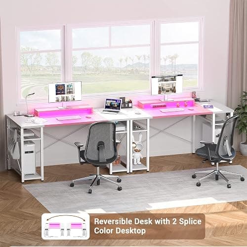 Armocity Computer Desk with LED Lights, 55 Inch Desk with Power Outlet and USB, Reversible Large Desk with Moveable Monitor Stand, 55.2'' Gaming PC Table for Home Office, Workstation, Pink and White thumbnail 4