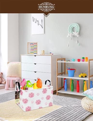 HUNRUNG Rectangle Canvas Storage Basket Foldable Waterproof Toy Organizer Bin with Handles Fabric Collapsible Storage Bins for Shelves Kids Room Playroom Nursery Clothes and Pet Supplies(REC-Pink Paw) thumbnail 2