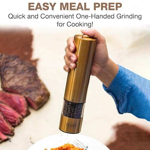 Eparé Brass Salt and Pepper Mill - Battery Operated Gold Pepper Grinder with Ceramic Burr - Automatic Steel Peppermills With LED Light - Gold or Brass Color thumbnail 3