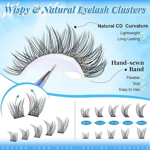 PHKERATA Wispy Lash Clusters Natural Eyelash Clusters Fairy Lashes Clusters CD Curvature Cluster Eyelash Extensions DIY Soft Individual Lashes at Home Eyelash Extension with Thin Band, 8-16 mm thumbnail 3
