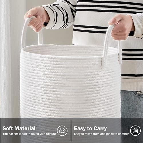 Woven Rope Laundry Hamper Basket by YOUDENOVA, 58L Tall Laundry Basket, Baby Nursery Hamper for Blanket Storage, Clothes Hamper for Laundry in Bedroom-Large-Pure White thumbnail 4