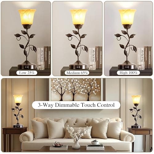 RORIANO Set of 2 Touch Vintage Bedroom Leaf Table Lamps with 2 USB Ports | 3-Way Dimmable Nightstand Flower Lamps, Amber Glass Shade Rustic Lamp for Living Room Bedroom, LED Bulb Included (Bronze) thumbnail 3