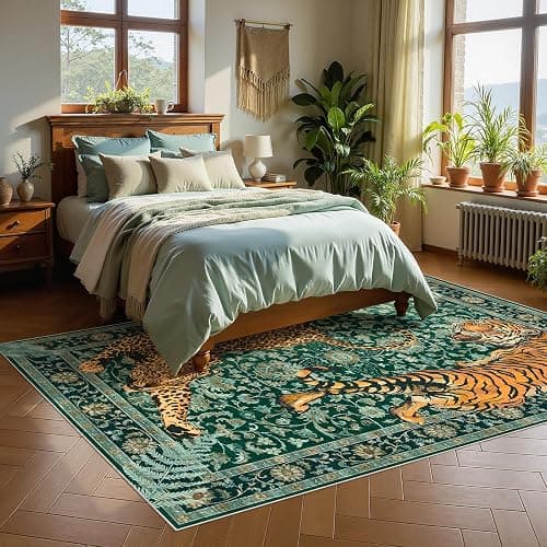 Tiger Print 5x7 Rug Boho Green  thumbnail 2