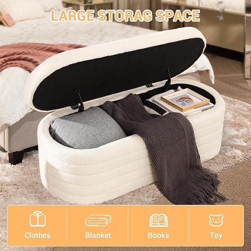 OuchTek Teddy Sherpa Storage Ottoman Bench, Modern Upholstered Window Bench with Safety Hinge Lid, Oval White Ottoman for Living Room, Bedroom End of Bed thumbnail 3