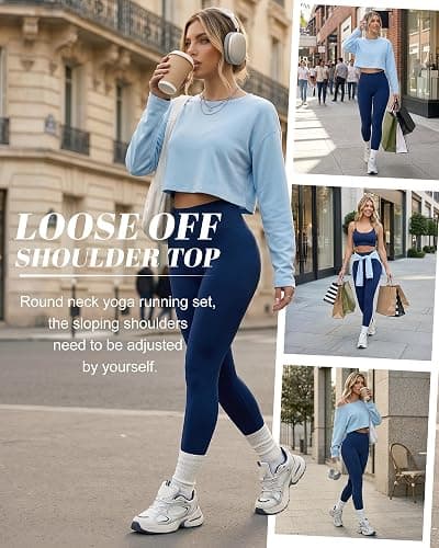 Cutecrop Women 3 Piece Seamless Workout Set High Waisted Leggings Athletic Bra Crew Neck Top Loose Yoga Gym Lounge Outfit thumbnail 6