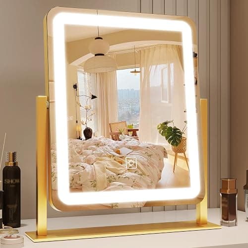 ROLOVE Gold Vanity Mirror with Lights, 15"x13" Lighted Makeup Mirror with Smart Touch, 3-Color Dimmable Lighting, 360° Rotation, Tabletop Mirror for Desk or Bedroom - Image 1
