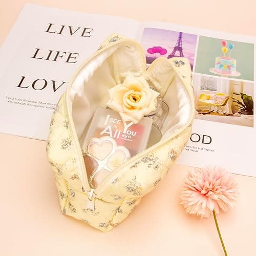 PAZIMIIK Vintage Quilted Makeup Bag Cosmetic Pouch for Brushes Pencils and Travel Make Up Accessories for Women and Girls Floral Blue thumbnail 2