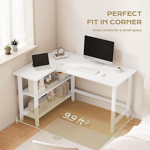 IOTXY 45" Reversible L-Shaped Office Desk with Storage Shelves, White | Solid Rubberwood Legs, 0.6" MDF Desktop, Reversible 2-tier Shelves, Compact Corner Computer Table for Small Spaces thumbnail 7