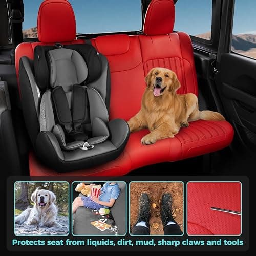FEINEPRO for Jeep Wrangler Seat Covers 4 Door JL 2026 2025 2024 2023 2022 2021 2020 2019 2018 Custom Seat Cover Full Set Faux Leather Without Rear Cup Holder - Red thumbnail 7