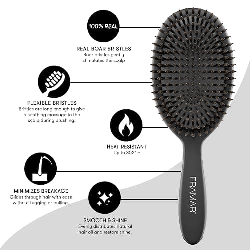 FRAMAR Soft Boar Bristle Hair Brush For Women – Boars Hair Brush For Women, Boar Brush For Fine Hair, Hairbrush For Fine Hair, Soft Bristle Brush For Slick Back, Volume and Shine - Black thumbnail 4