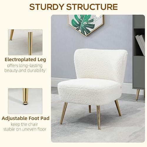 HOMCOM Armless Accent Chair for Bedroom, Upholstered Side Chairs for Living Room with Gold Steel Legs, Slipper Chair, White - White thumbnail 6